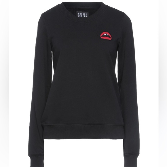Women’s MARKUS LUPFER Black Crewneck Sweatshirts With Gap Tooth Lip Patch - Picture 1 of 8